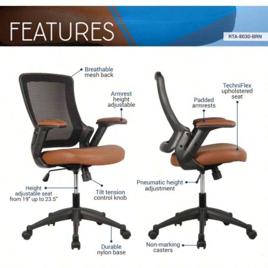Techni Mobili Mid - Back Mesh Task Office Chair with Height Adjustable Arms, Brown