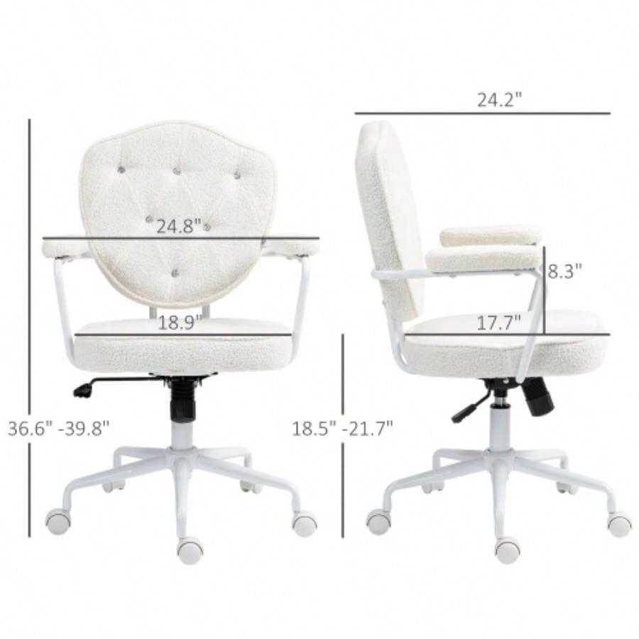 HOMCOM Cute Home Office Chair, Computer Desk Chair with Button Tufted Teddy Bear Fleece, Swivel Vanity Chair, White
