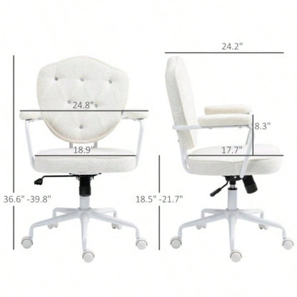 HOMCOM Cute Home Office Chair, Computer Desk Chair with Button Tufted Teddy Bear Fleece, Swivel Vanity Chair, White