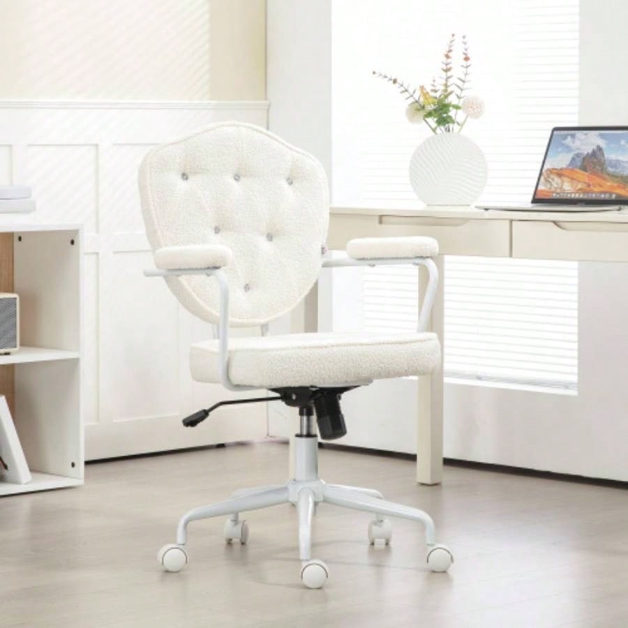 HOMCOM Cute Home Office Chair, Computer Desk Chair with Button Tufted Teddy Bear Fleece, Swivel Vanity Chair, White