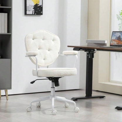 HOMCOM Cute Home Office Chair, Computer Desk Chair with Button Tufted Teddy Bear Fleece, Swivel Vanity Chair, White