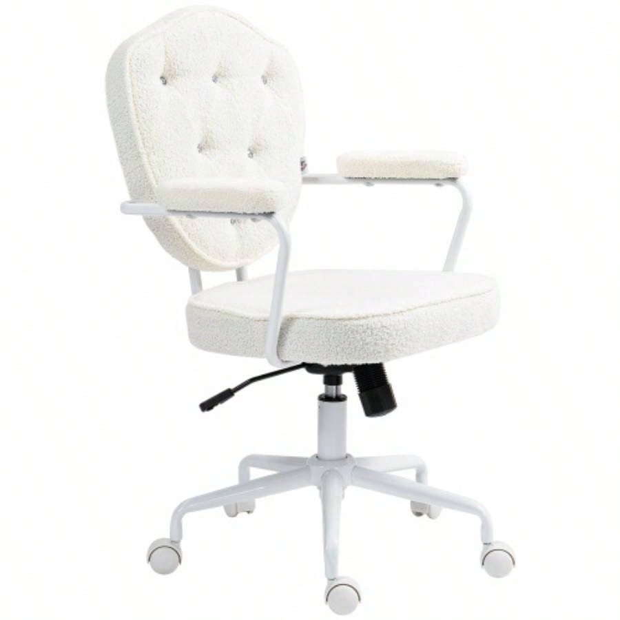 HOMCOM Cute Home Office Chair, Computer Desk Chair with Button Tufted Teddy Bear Fleece, Swivel Vanity Chair, White