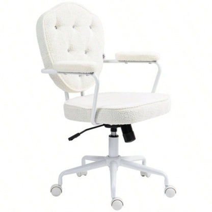 HOMCOM Cute Home Office Chair, Computer Desk Chair with Button Tufted Teddy Bear Fleece, Swivel Vanity Chair, White