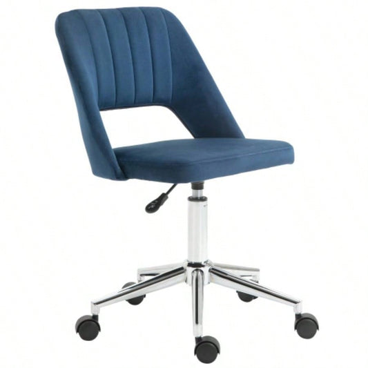 Modern Mid Back Office Chair with Velvet Fabric, Swivel Computer Armless Desk Chair with Hollow Back Design Home Office, Blue