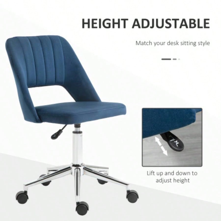 Modern Mid Back Office Chair with Velvet Fabric, Swivel Computer Armless Desk Chair with Hollow Back Design Home Office, Blue