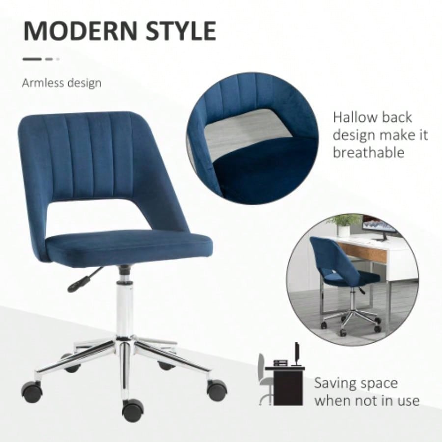 Modern Mid Back Office Chair with Velvet Fabric, Swivel Computer Armless Desk Chair with Hollow Back Design Home Office, Blue