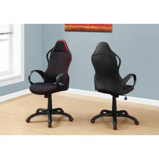 Office Chair, Gaming, Adjustable Height, Swivel, Ergonomic, Armrests, Computer Desk, Work, Black And Red Fabric, Black Metal, Contemporary, Modern