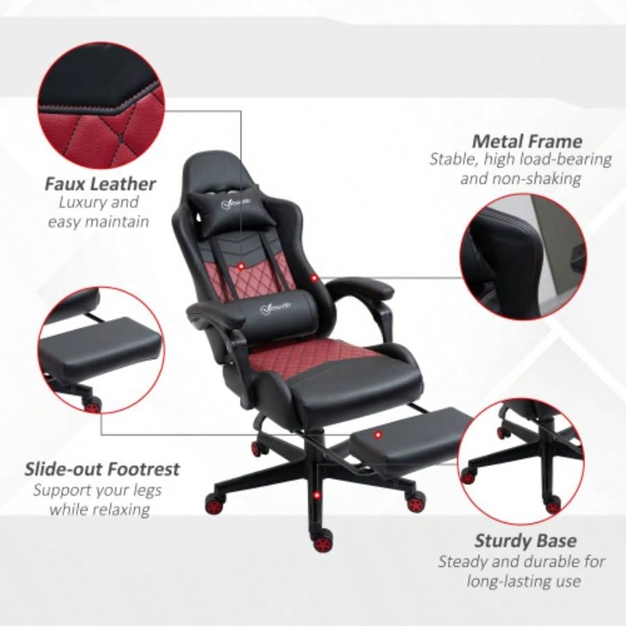 Vinsetto Racing Gaming Chair PU Leather Office Gamer Chair High Back Swivel Recliner with Footrest, Lumbar Support, Adjustable Height, Black