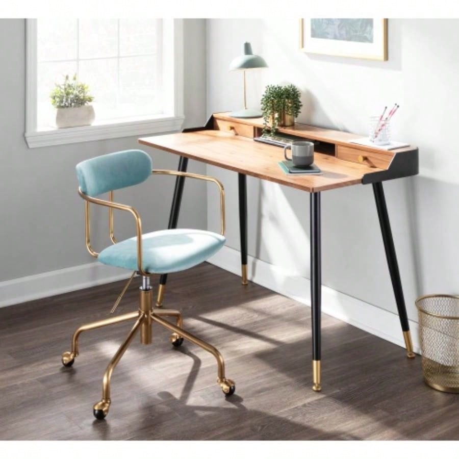 Demi Contemporary Office Chair in Gold Metal and Light Blue Velvet by LumiSource