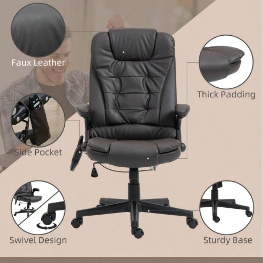 HOMCOM High Back Vibration Massage Office Chair with 6 Vibration Points, Heated Reclining PU Leather Computer Chair with Armrest and Remote, Dark Brown