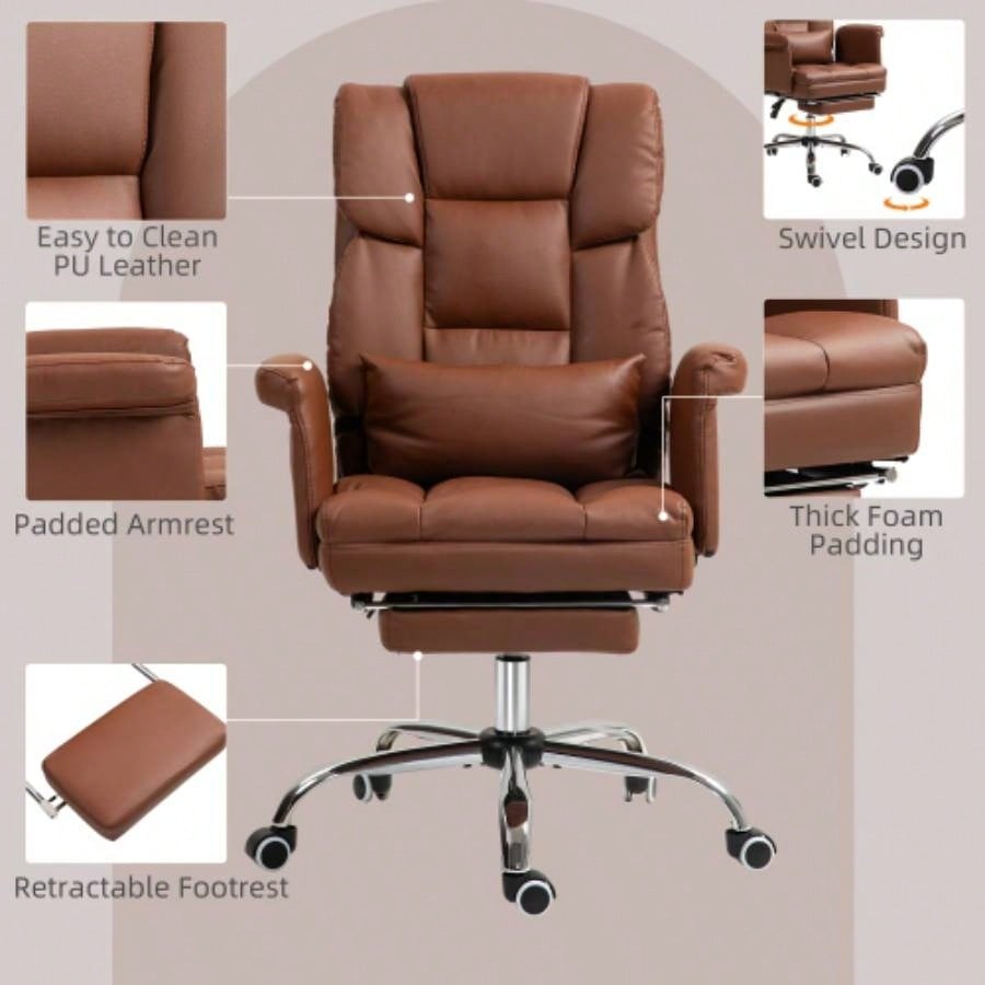 HOMCOM Executive Office Chair, PU Leather Ergonomic Office Desk Chair, Reclining and Swivel Chair with Footrest and Lumbar Support, Brown