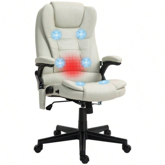 HOMCOM 6 Point Vibrating Massage Office Chair with Heat, Microfiber High Back Executive Office Chair with Reclining Backrest, Padded Armrests and Remote, Beige