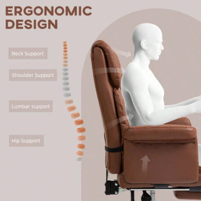 HOMCOM Executive Office Chair, PU Leather Ergonomic Office Desk Chair, Reclining and Swivel Chair with Footrest and Lumbar Support, Brown