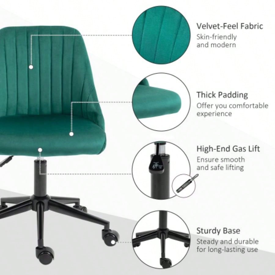 Vinsetto Mid - Back Office Chair, Velvet Fabric Swivel Scallop Shape Computer Desk Chair Home Office or Bedroom, Green