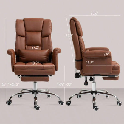 HOMCOM Executive Office Chair, PU Leather Ergonomic Office Desk Chair, Reclining and Swivel Chair with Footrest and Lumbar Support, Brown