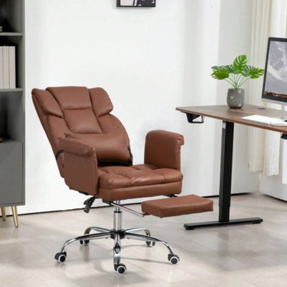 HOMCOM Executive Office Chair, PU Leather Ergonomic Office Desk Chair, Reclining and Swivel Chair with Footrest and Lumbar Support, Brown