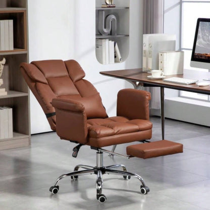 HOMCOM Executive Office Chair, PU Leather Ergonomic Office Desk Chair, Reclining and Swivel Chair with Footrest and Lumbar Support, Brown