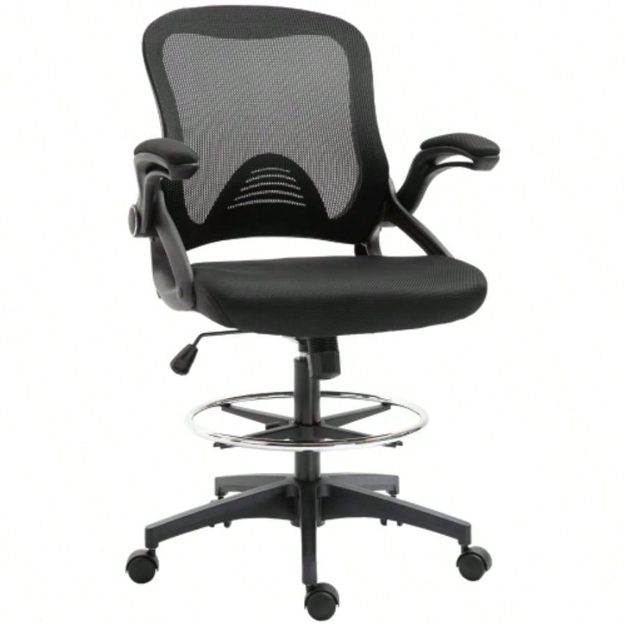 Mesh Drafting Chair, Tall Office Chair with Lumbar Support, Flip - Up Armrests, Footrest Ring and Adjustable Height, Black