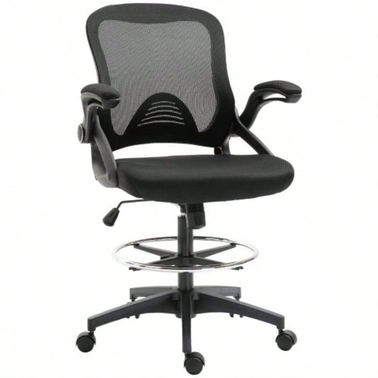Mesh Drafting Chair, Tall Office Chair with Lumbar Support, Flip - Up Armrests, Footrest Ring and Adjustable Height, Black