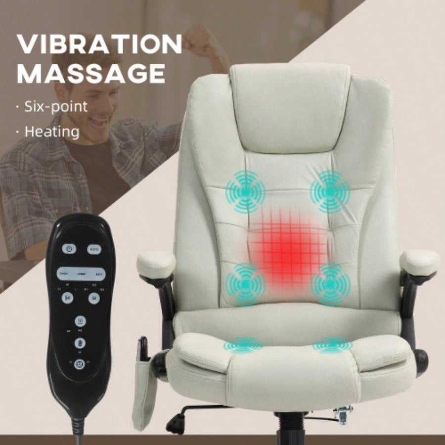 HOMCOM 6 Point Vibrating Massage Office Chair with Heat, Microfiber High Back Executive Office Chair with Reclining Backrest, Padded Armrests and Remote, Beige