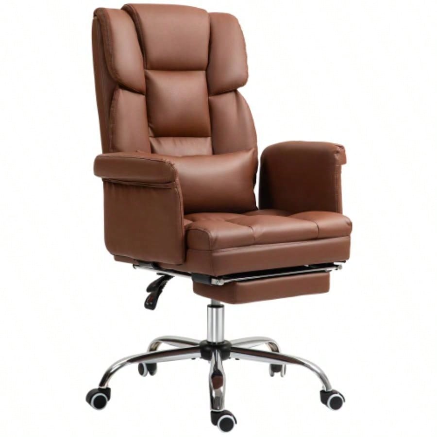 HOMCOM Executive Office Chair, PU Leather Ergonomic Office Desk Chair, Reclining and Swivel Chair with Footrest and Lumbar Support, Brown