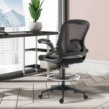 Mesh Drafting Chair, Tall Office Chair with Lumbar Support, Flip - Up Armrests, Footrest Ring and Adjustable Height, Black