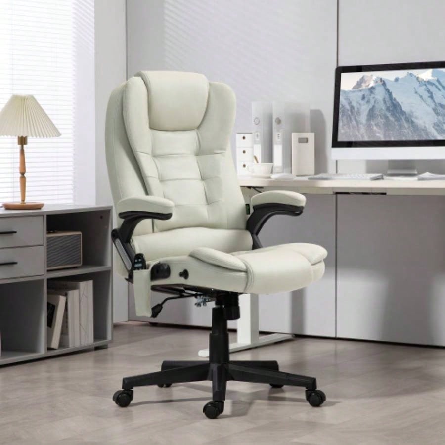 HOMCOM 6 Point Vibrating Massage Office Chair with Heat, Microfiber High Back Executive Office Chair with Reclining Backrest, Padded Armrests and Remote, Beige