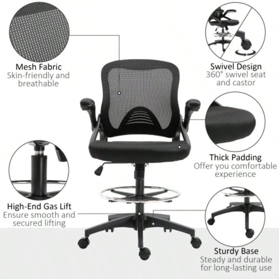 Mesh Drafting Chair, Tall Office Chair with Lumbar Support, Flip - Up Armrests, Footrest Ring and Adjustable Height, Black