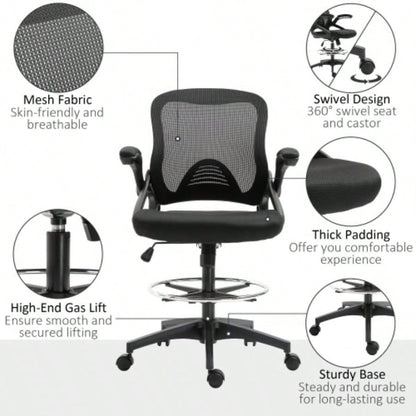 Mesh Drafting Chair, Tall Office Chair with Lumbar Support, Flip - Up Armrests, Footrest Ring and Adjustable Height, Black