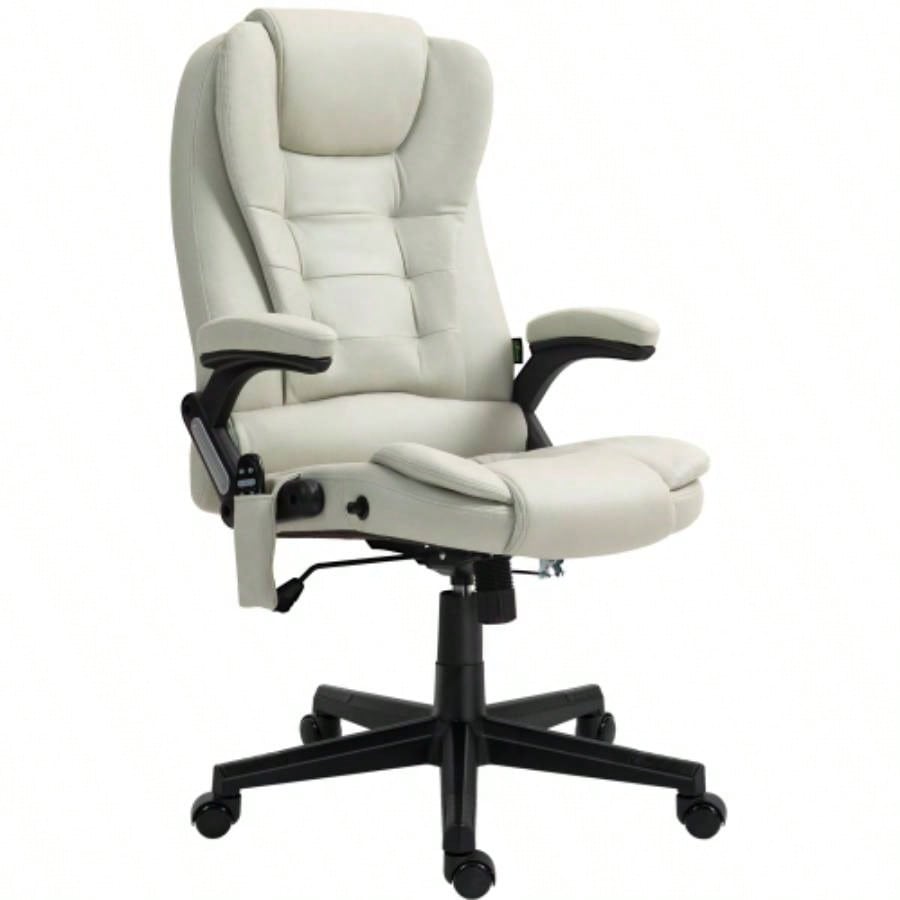 HOMCOM 6 Point Vibrating Massage Office Chair with Heat, Microfiber High Back Executive Office Chair with Reclining Backrest, Padded Armrests and Remote, Beige