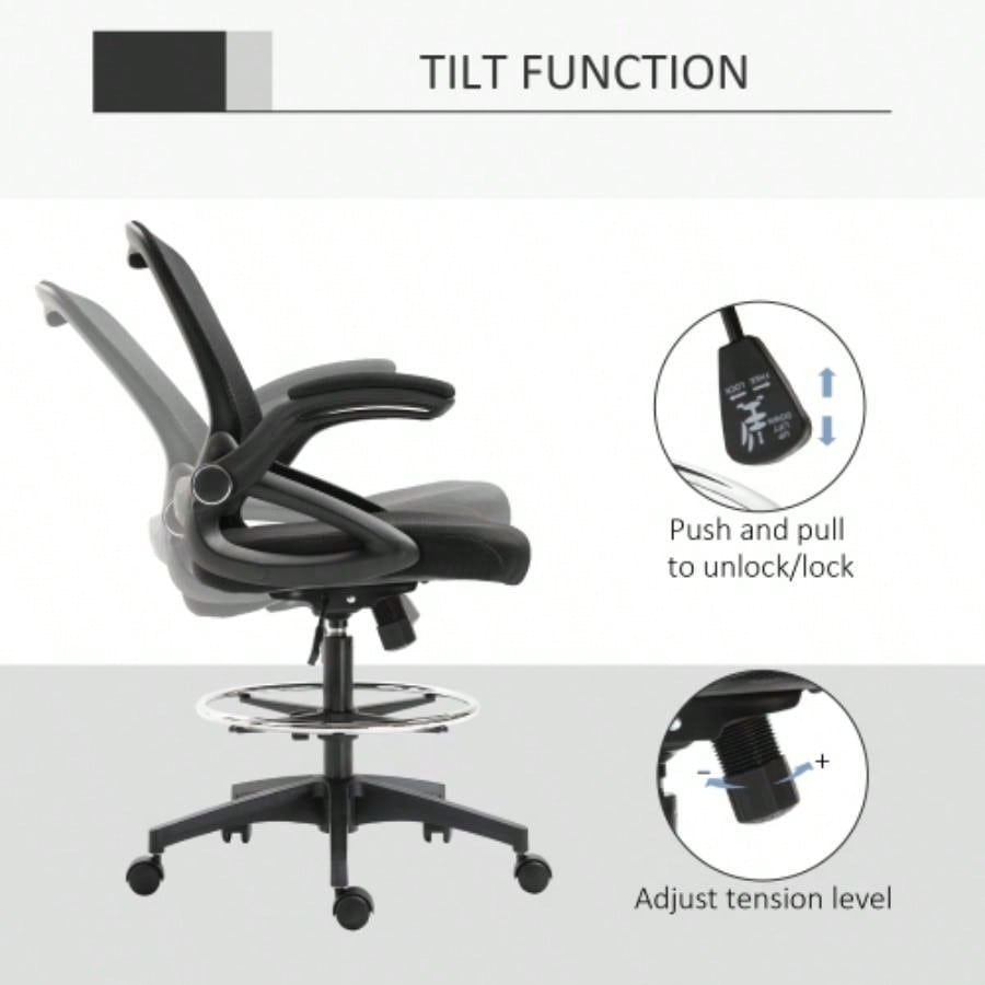 Mesh Drafting Chair, Tall Office Chair with Lumbar Support, Flip - Up Armrests, Footrest Ring and Adjustable Height, Black