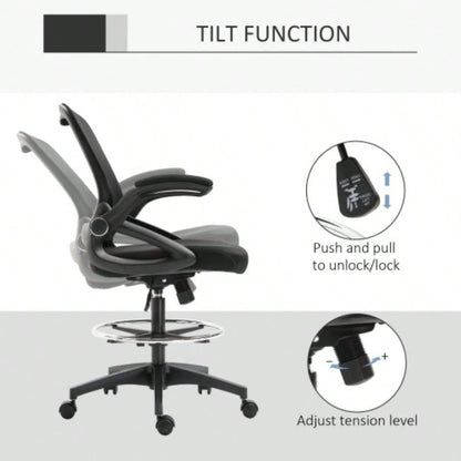 Mesh Drafting Chair, Tall Office Chair with Lumbar Support, Flip - Up Armrests, Footrest Ring and Adjustable Height, Black