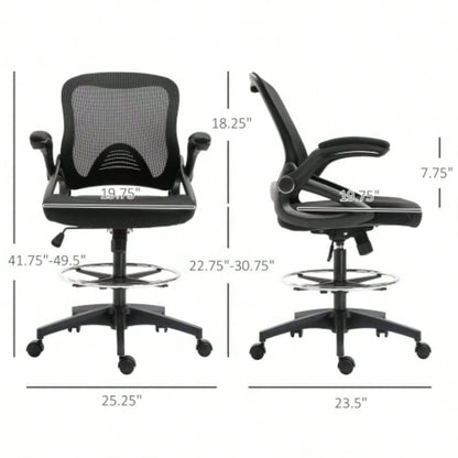 Mesh Drafting Chair, Tall Office Chair with Lumbar Support, Flip - Up Armrests, Footrest Ring and Adjustable Height, Black