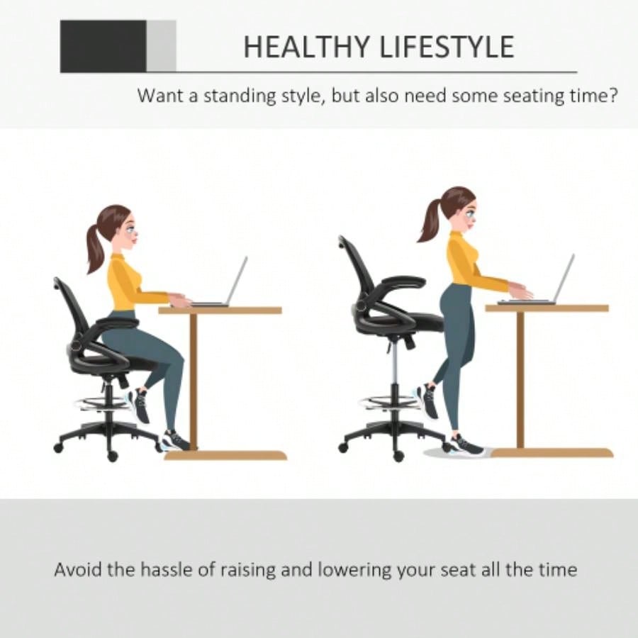 Mesh Drafting Chair, Tall Office Chair with Lumbar Support, Flip - Up Armrests, Footrest Ring and Adjustable Height, Black