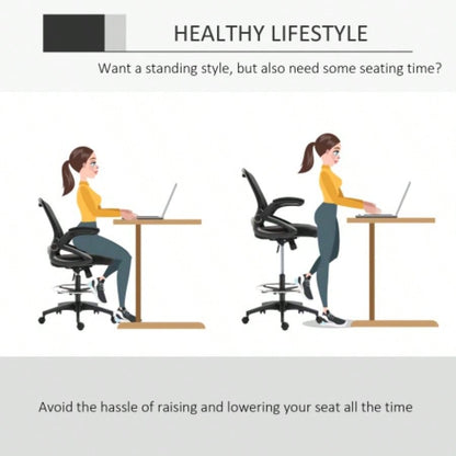 Mesh Drafting Chair, Tall Office Chair with Lumbar Support, Flip - Up Armrests, Footrest Ring and Adjustable Height, Black