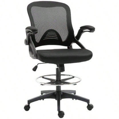 Mesh Drafting Chair, Tall Office Chair with Lumbar Support, Flip - Up Armrests, Footrest Ring and Adjustable Height, Black