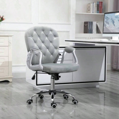 Velvet Home Office Chair, Button Tufted Desk Chair with Padded Armrests, Adjustable Height and Swivel Wheels, Gray