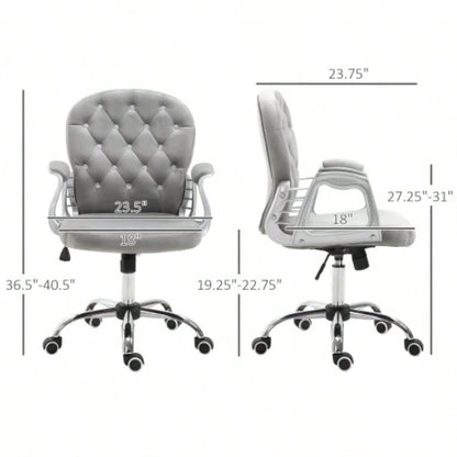 Velvet Home Office Chair, Button Tufted Desk Chair with Padded Armrests, Adjustable Height and Swivel Wheels, Gray
