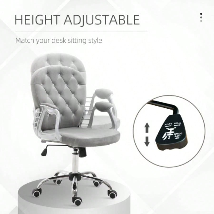 Velvet Home Office Chair, Button Tufted Desk Chair with Padded Armrests, Adjustable Height and Swivel Wheels, Gray