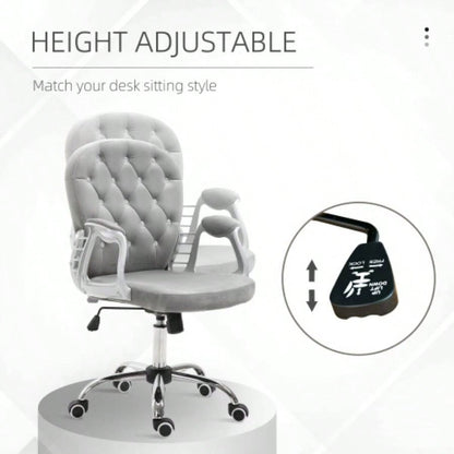 Velvet Home Office Chair, Button Tufted Desk Chair with Padded Armrests, Adjustable Height and Swivel Wheels, Gray