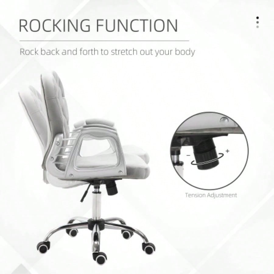 Velvet Home Office Chair, Button Tufted Desk Chair with Padded Armrests, Adjustable Height and Swivel Wheels, Gray