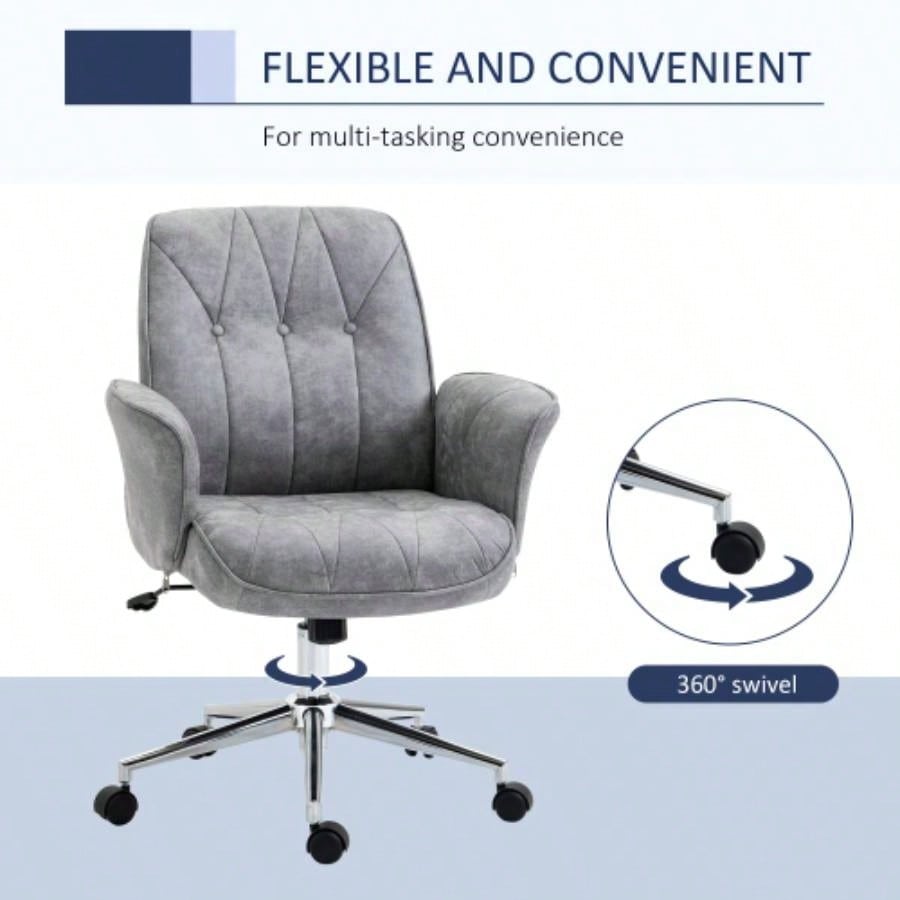 Vinsetto Microfiber Home Office Chair, Height Adjustable Button Tufted Computer Desk Chair with Swivel Wheels, Tilt Function and Padded Armrests, Light Gray