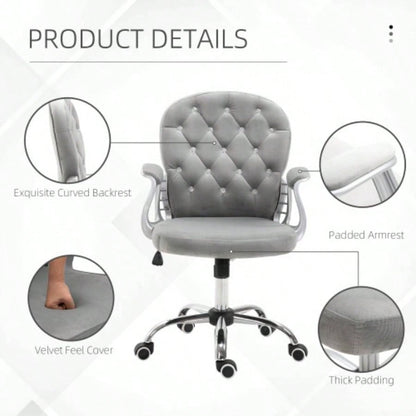 Velvet Home Office Chair, Button Tufted Desk Chair with Padded Armrests, Adjustable Height and Swivel Wheels, Gray