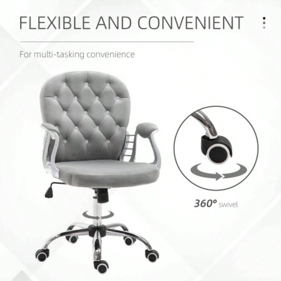 Velvet Home Office Chair, Button Tufted Desk Chair with Padded Armrests, Adjustable Height and Swivel Wheels, Gray