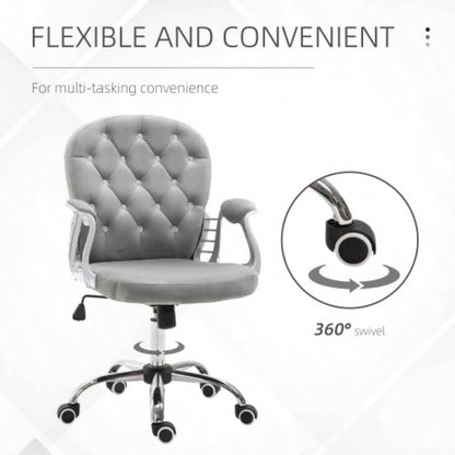 Velvet Home Office Chair, Button Tufted Desk Chair with Padded Armrests, Adjustable Height and Swivel Wheels, Gray