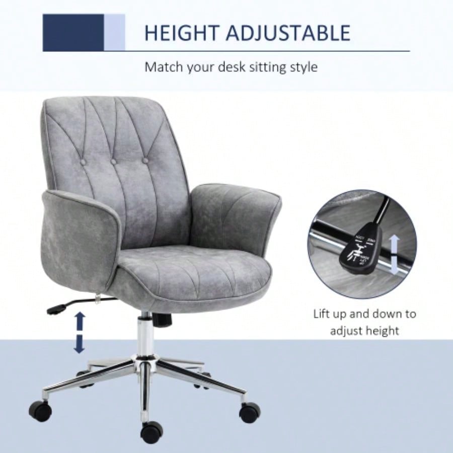Vinsetto Microfiber Home Office Chair, Height Adjustable Button Tufted Computer Desk Chair with Swivel Wheels, Tilt Function and Padded Armrests, Light Gray