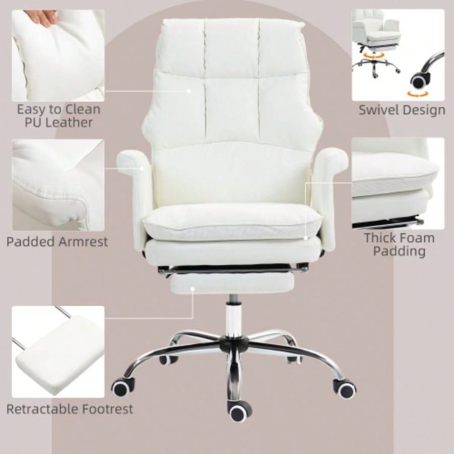 HOMCOM Executive Office Chair, PU Leather Ergonomic Office Desk Chair with Footrest, Reclining and Swivel Chair, White