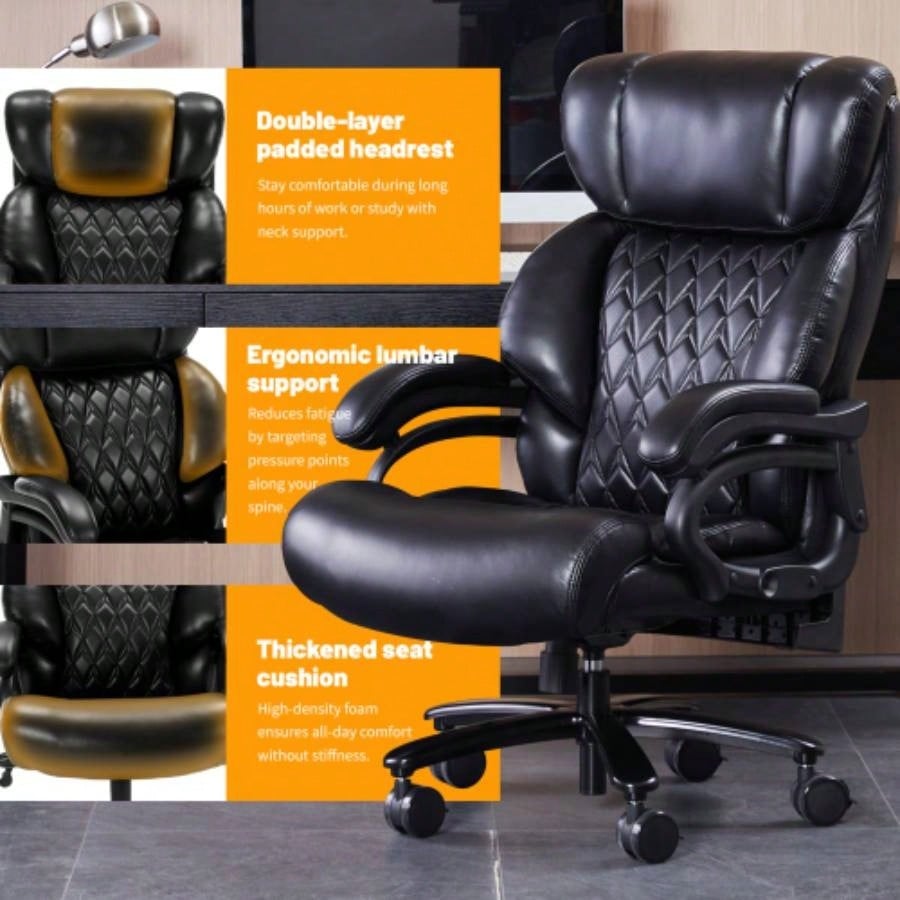 600lbs Big and Tall Office Chair, Executive Chair with Adjustable Headrest, High Back Wide, Heavy Duty PU Leather Home Office, Comfortable Large Desk Chair