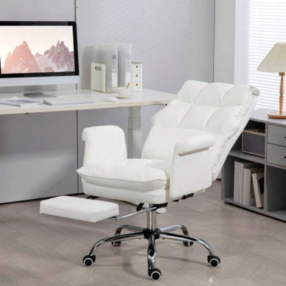 HOMCOM Executive Office Chair, PU Leather Ergonomic Office Desk Chair with Footrest, Reclining and Swivel Chair, White