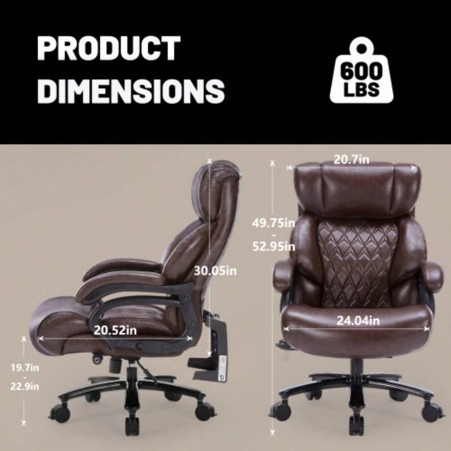 600lbs Big and Tall Office Chair, Executive Chair with Adjustable Headrest, High Back Wide, Heavy Duty PU Leather Home Office, Comfortable Large Desk Chair
